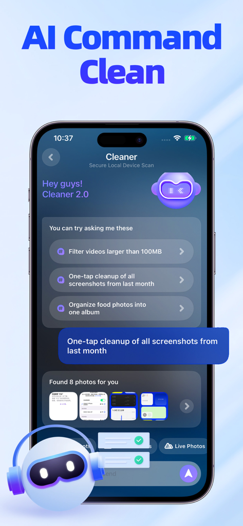 前月のスクリーンショットを検索して削除するためにテキストプロンプトを使用するAIコマンドクリーン機能が表示されたスマートフォン画面