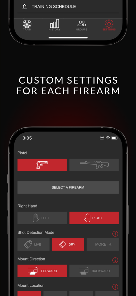 MantisX app screen displaying customizable firearm settings for training