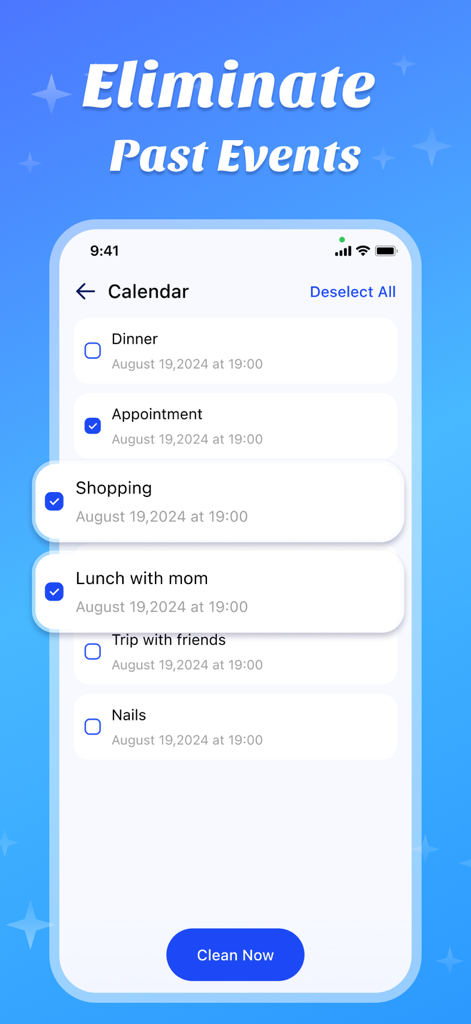 Interfaz de la aplicación Amor Cleaner que muestra la pantalla Eliminar Eventos Pasados con una lista de entradas del calendario y un botón Limpiar Ahora