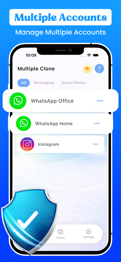 Interfaz de la aplicación Clone Master que muestra múltiples cuentas para WhatsApp e Instagram en un dispositivo