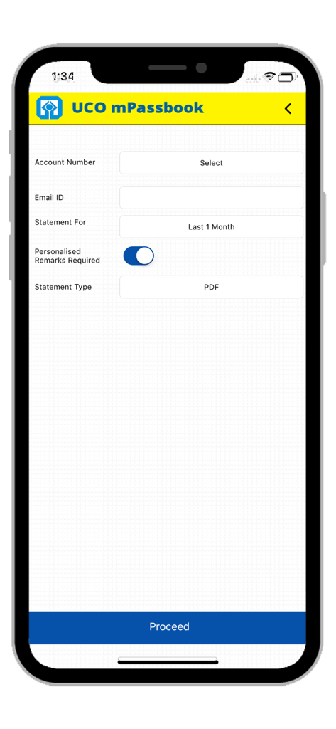 UCO mPassbook - Screen from the UCO mPassbook app for requesting an account statement in PDF format via email.