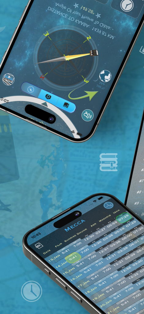 Mobile screens displaying the iQibla app featuring a Qibla compass and a detailed prayer times schedule.