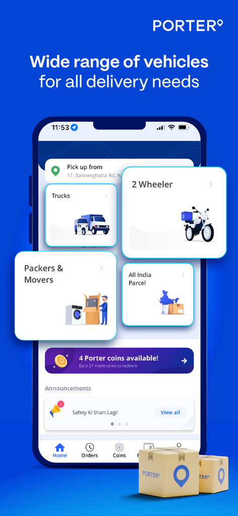 A mobile app interface for Porter showing logistics services including trucks two wheelers and packers and movers