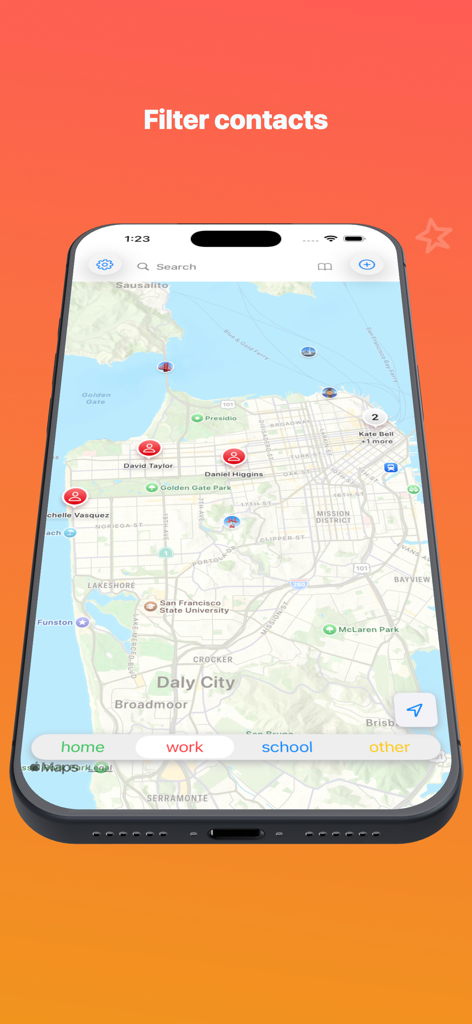 A smartphone displaying the Sidewalk app interface with contacts mapped in San Francisco and category filters for home work and school
