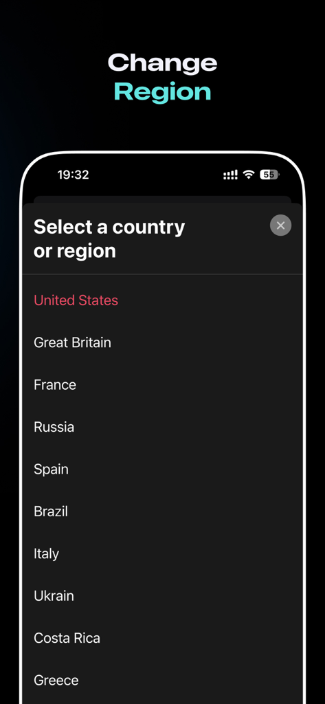 TKTK Followers & Video Manager - TKTKアプリで動画トレンドをフィルタリングするために、国と地域の選択リストを表示するモバイル画面。
