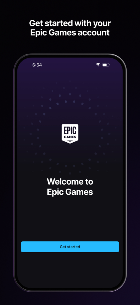 Epic Games - Pantalla de bienvenida de la aplicación Epic Games en iPhone con un botón de Empezar