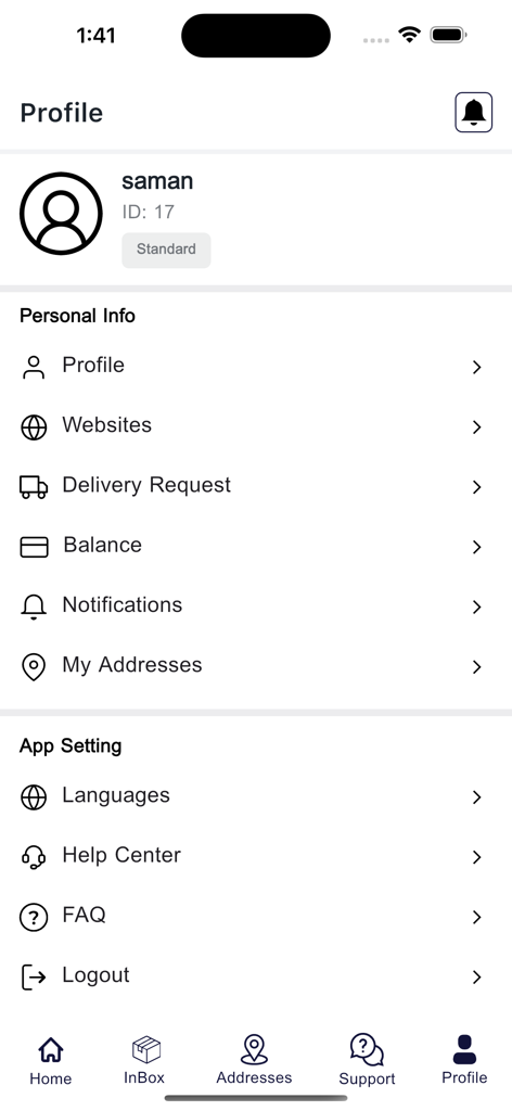 User profile screen of the Moovit Express app showing personal account details and app settings