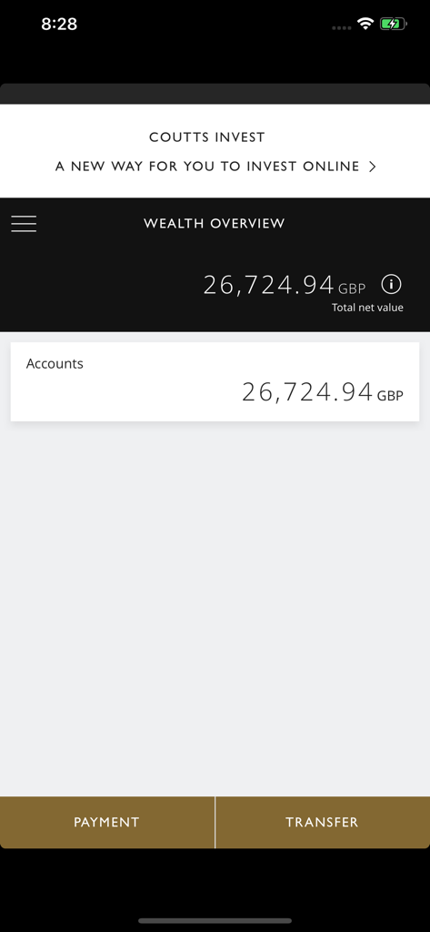 Interfaccia dell'app Coutts Mobile che mostra la panoramica del patrimonio con il valore netto totale in sterline britanniche e le opzioni per pagamenti e trasferimenti.