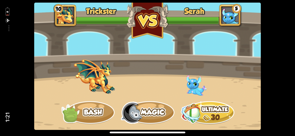 Dragon Story™ - Two dragons named Trickster and Serah fighting in a battle arena in Dragon Story