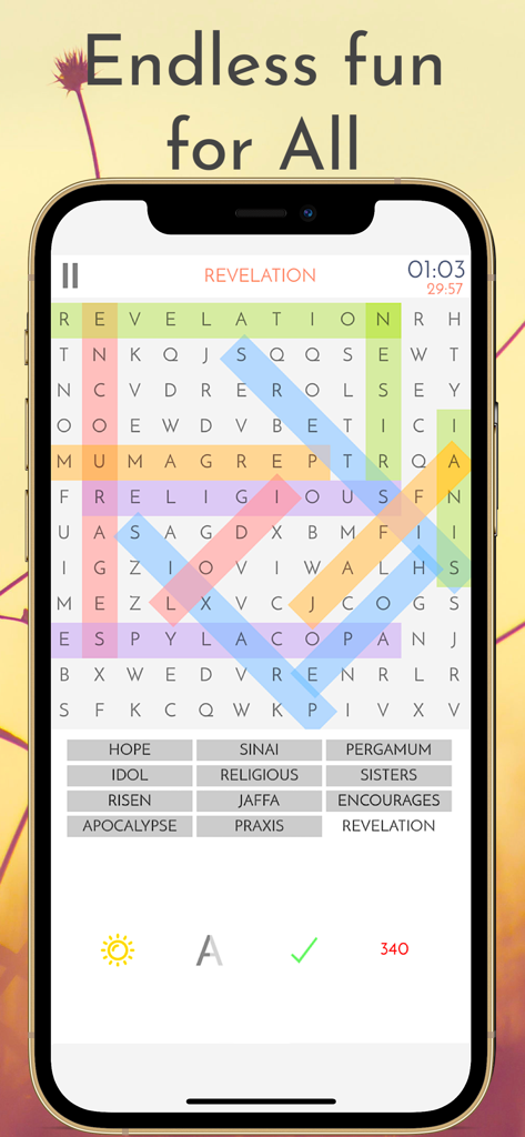 Bible Word Search app interface showing a puzzle grid with biblical words highlighted in multiple colors