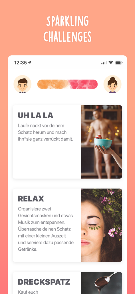 Happy Love - The couple app - Mobile app interface showing sparkling relationship challenges and activities for couples