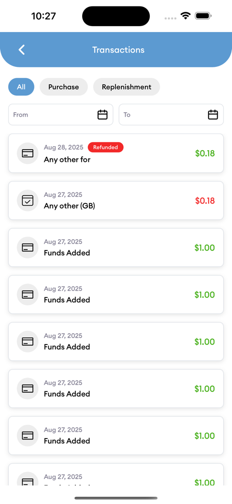 A list of financial transactions and funds added in the SMS Virtual app.