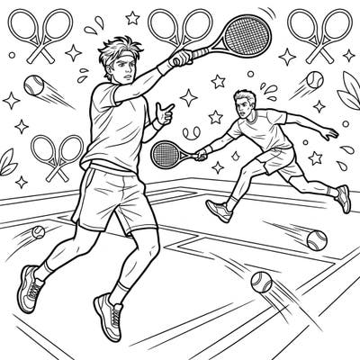 Dive into the exciting world of tennis with this action-packed coloring page featuring male tennis players. Perfect for teens, this dynamic scene captures the energy of a thrilling match.