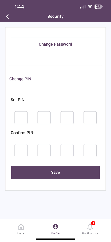 i2i - Security settings interface in the i2i app for password and PIN management