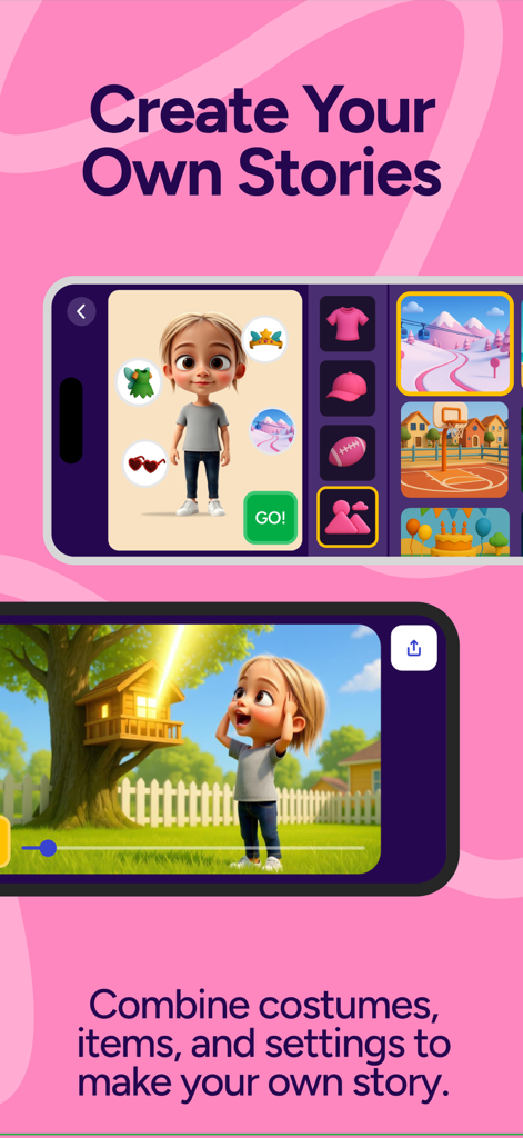 Interface showing avatar customization and a personalized story scene in the Giant app