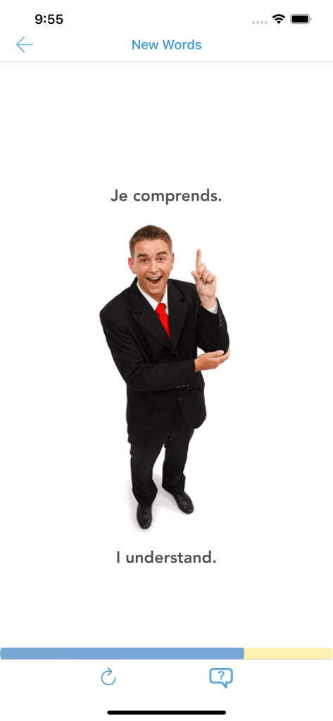 Ein Lektionsbildschirm in der App Französisch für Anfänger, der den Satz Je comprends mit seiner englischen Übersetzung I understand lehrt