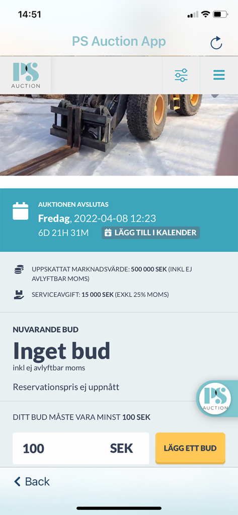 PS Auction App - Bidding interface for industrial machinery on the PS Auction mobile app