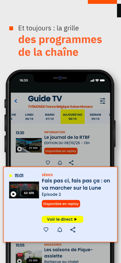 TV5MONDE Mobile App-Oberfläche, die den Fernsehprogrammführer und den Zeitplan anzeigt