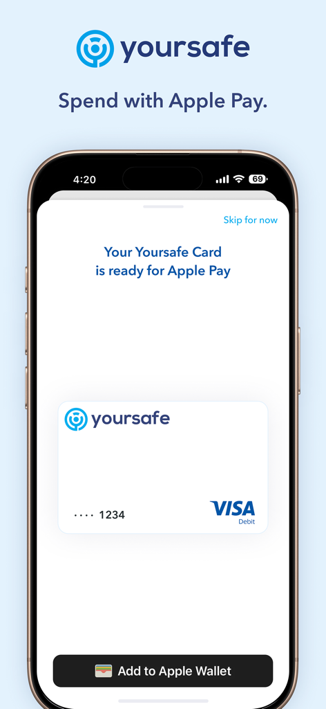 안전한 Apple Pay 결제를 위해 Apple Wallet에 추가할 준비가 된 가상 Visa Debit 카드를 보여주는 Yoursafe 모바일 앱 인터페이스