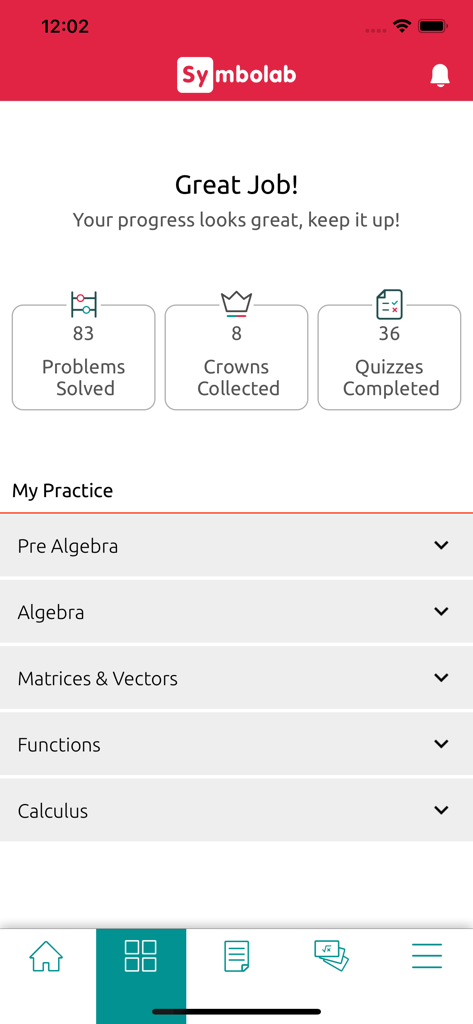 Symbolab Practice app showing math progress stats and topic categories like algebra and calculus