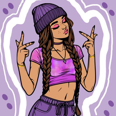 realistic teenage girl with braids and a beanie and crop top doing 🫶🏼