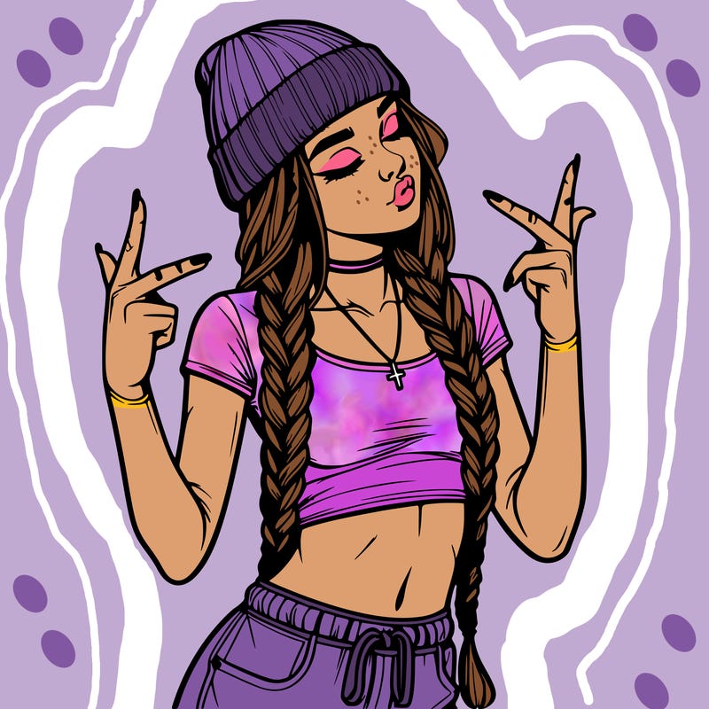 realistic teenage girl with braids and a beanie and crop top doing 🫶🏼