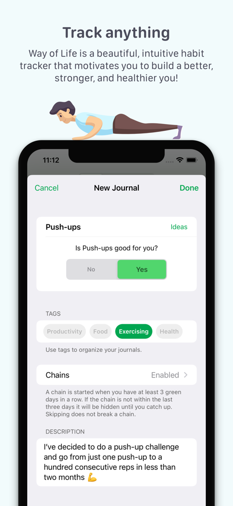 Interfaz de la aplicación Way of Life mostrando la pantalla de configuración para una nueva entrada de diario de hábitos