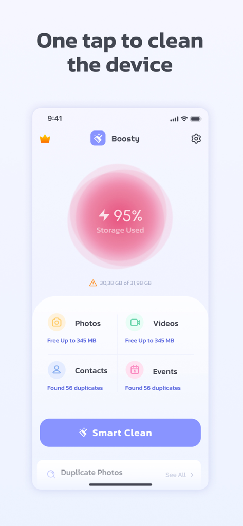 Boosty app dashboard displaying high storage usage and a smart clean button to free up space