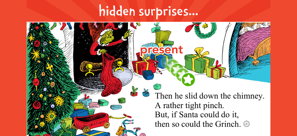 How the Grinch Stole Christmas - 煙突を降りてくるグリンチと、ハイライトされた単語が表示されているグリンチアプリのインタラクティブな物語ページ。