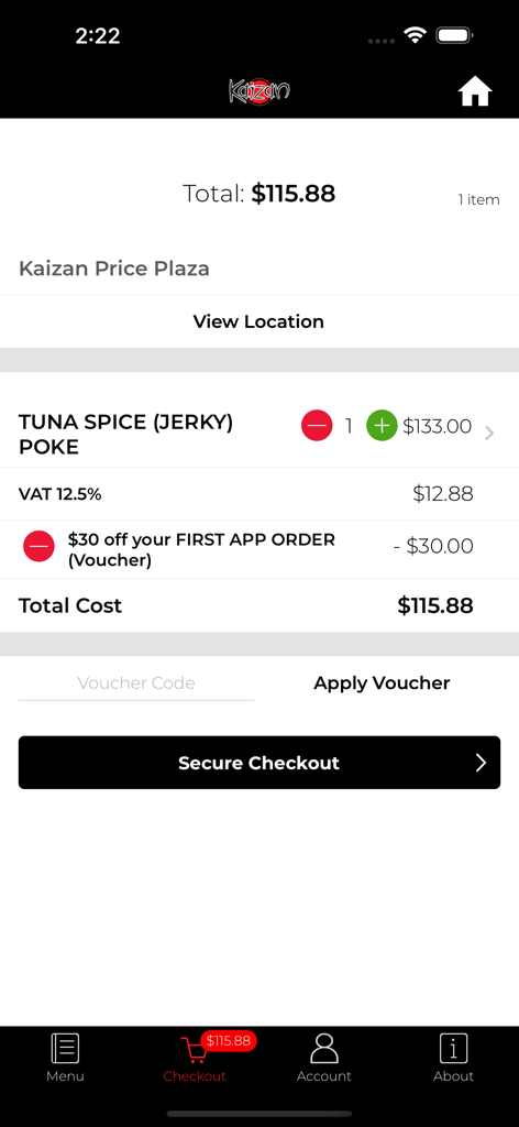 Kaizan Sushi - Checkout screen of Kaizan Sushi app showing an order with a discount voucher