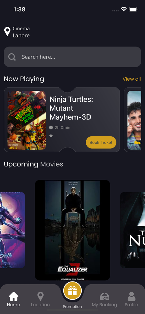 Raiha Cinegold Plex app home screen featuring movie listings and booking options