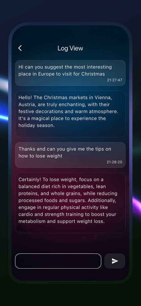 Voice AI Chat - AI Assistant - A screenshot of the chat log interface in the Voice AI Chat app showing conversation history with travel and health advice