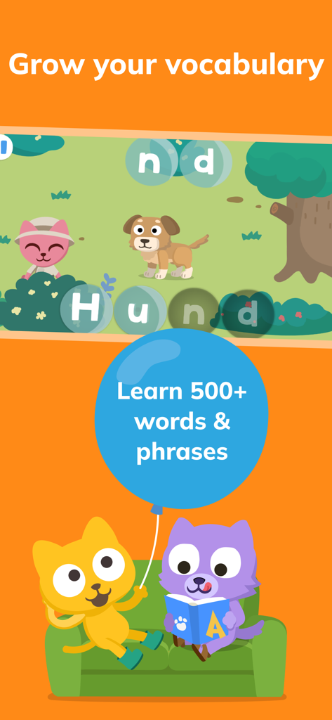 Studycatの教育ゲーム画面。ドイツ語の単語「Hund」（犬）を学ぶ語彙レッスンが表示されています。