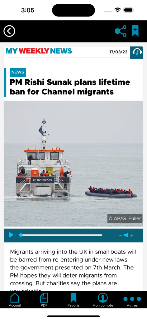 My Weekly News - A news article about current events with an integrated audio player in the My Weekly News educational app.