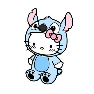 little cute hello kitty, blushing with little stitch costume