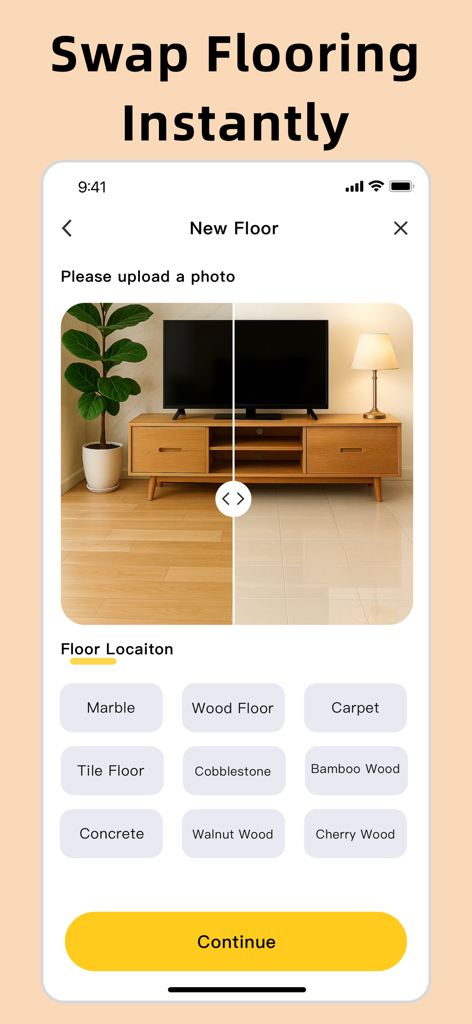 Interior Design：AI Spacely - 木製フローリングとタイルフローリングのオプションを分割画面で比較表示したモバイルアプリのインターフェース。