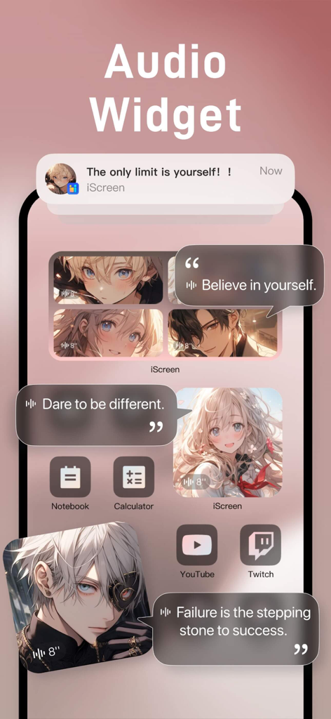 iScreen-App-Audio-Widgets mit Anime-Charakteren und motivierenden Zitaten auf einem angepassten pinken Startbildschirm