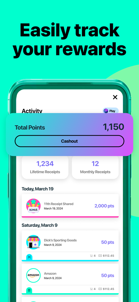 Frisbee app activity screen showing total points and rewards history from scanned receipts