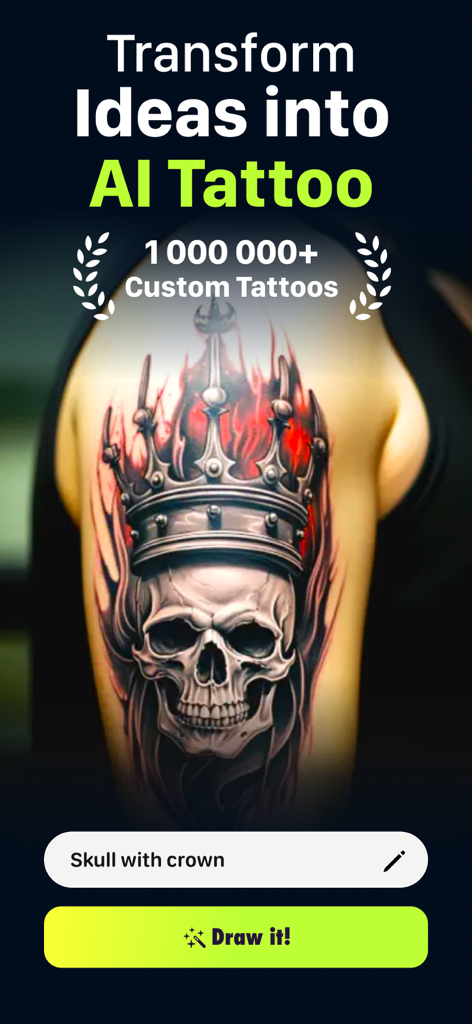 Tattoo AI: Generator & Maker - AI generated skull with crown tattoo design on a human arm within the app interface