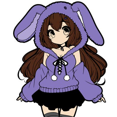 pretty anime girl wearing a fluffy hoodie with bunny ears on the hood and a skirt