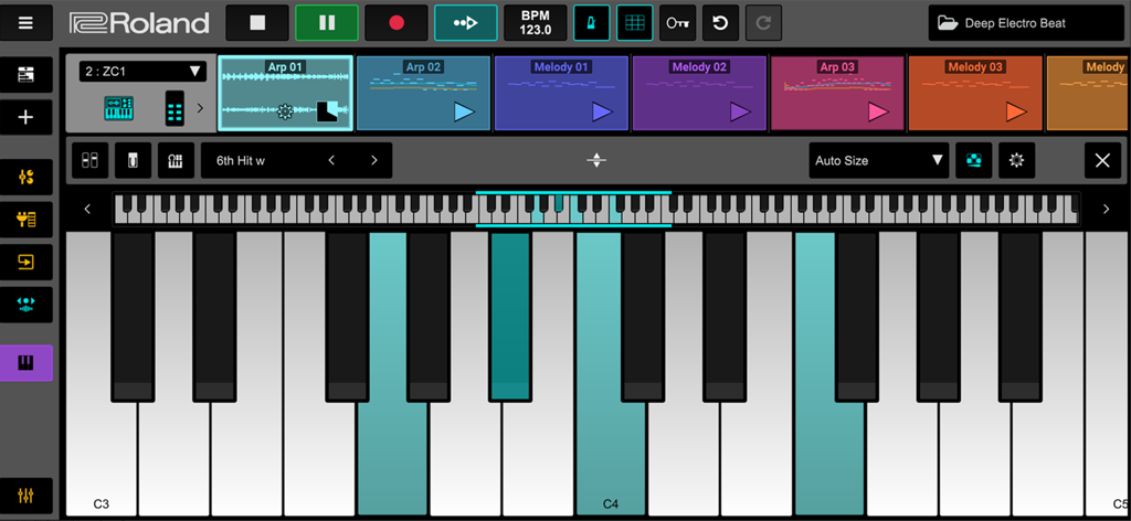 Roland Zenbeats - Interface of the Roland Zenbeats mobile app showing a virtual piano keyboard with highlighted keys and a multi-track loop sequence view.