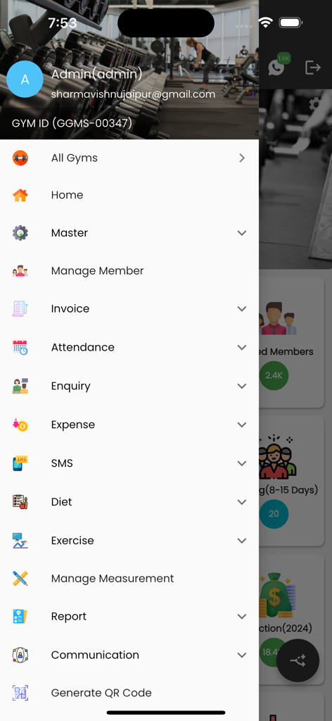 Lifetime Fitness Club - Barra lateral de navegação do aplicativo Lifetime Fitness Club mostrando opções de menu como Dieta, Exercício e Gerenciar Medidas.