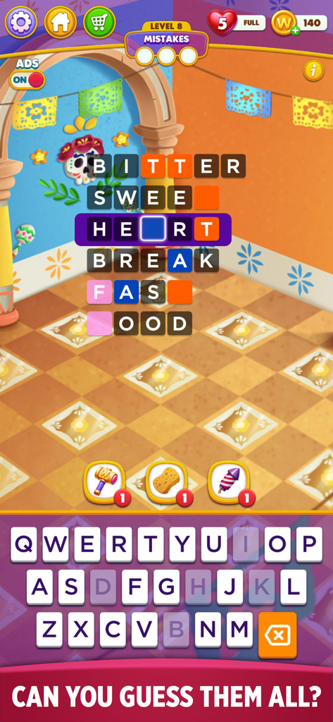 Word Chain Puzzle - Gameplay of Word Chain Puzzle showing a word link challenge with compound words like Heartbreak and Breakfast