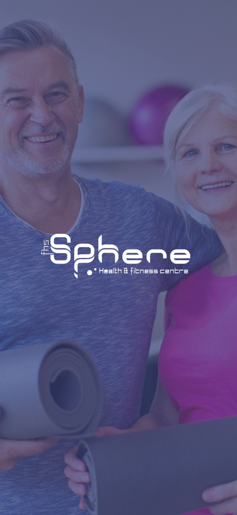 Sphere Fitness App - Pareja sonriente sosteniendo colchonetas de yoga con el logo de Sphere Health and Fitness
