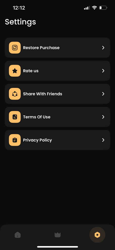 iland - 4K Wallpapers - Écran des paramètres de l'application iland 4K Wallpapers avec un thème sombre et des icônes orange pour des options comme restaurer l'achat et les conditions d'utilisation