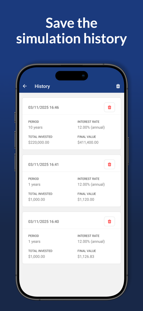 Compound Interest Pro - Pantalla de historial de la aplicación Compound Interest Pro que muestra simulaciones de inversión guardadas.