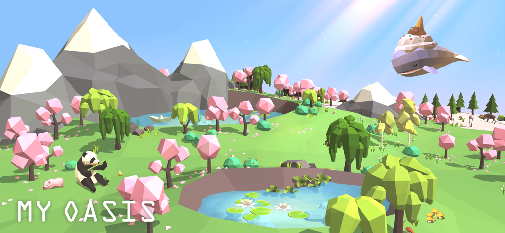 My Oasis: Anxiety Relief Game - Serena isola low-poly nel gioco My Oasis con un panda e una balena volante.