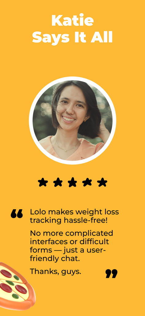 Lolo: Food & Calorie Tracker - Testemunho de utilizador para a app Lolo de rastreamento de alimentos e calorias apresentando uma avaliação de cinco estrelas de Katie.
