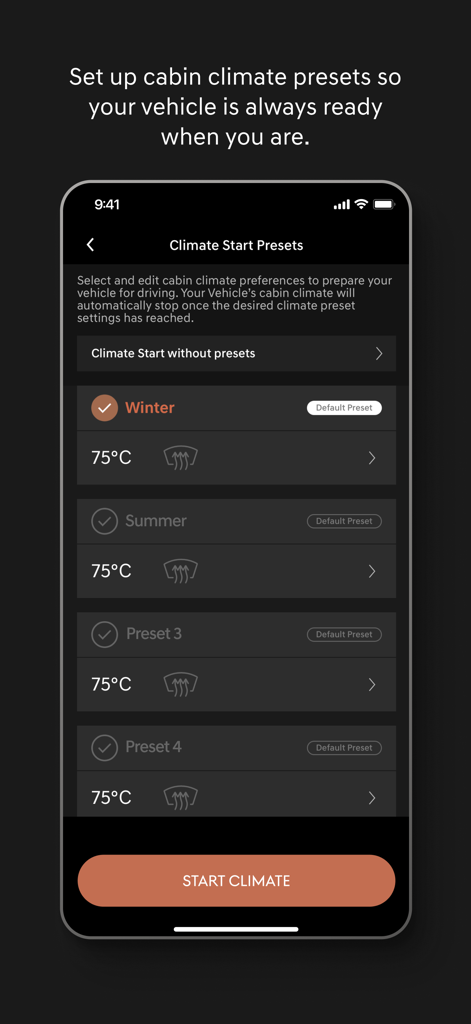 Genesis Intelligent Assistant - Interface of the Genesis Intelligent Assistant app showing vehicle climate start presets for different seasons