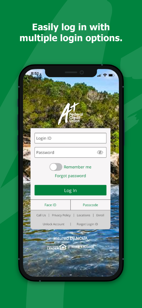 Écran de connexion de l'application mobile A+ Federal Credit Union offrant des options pour Face ID et code d'accès.